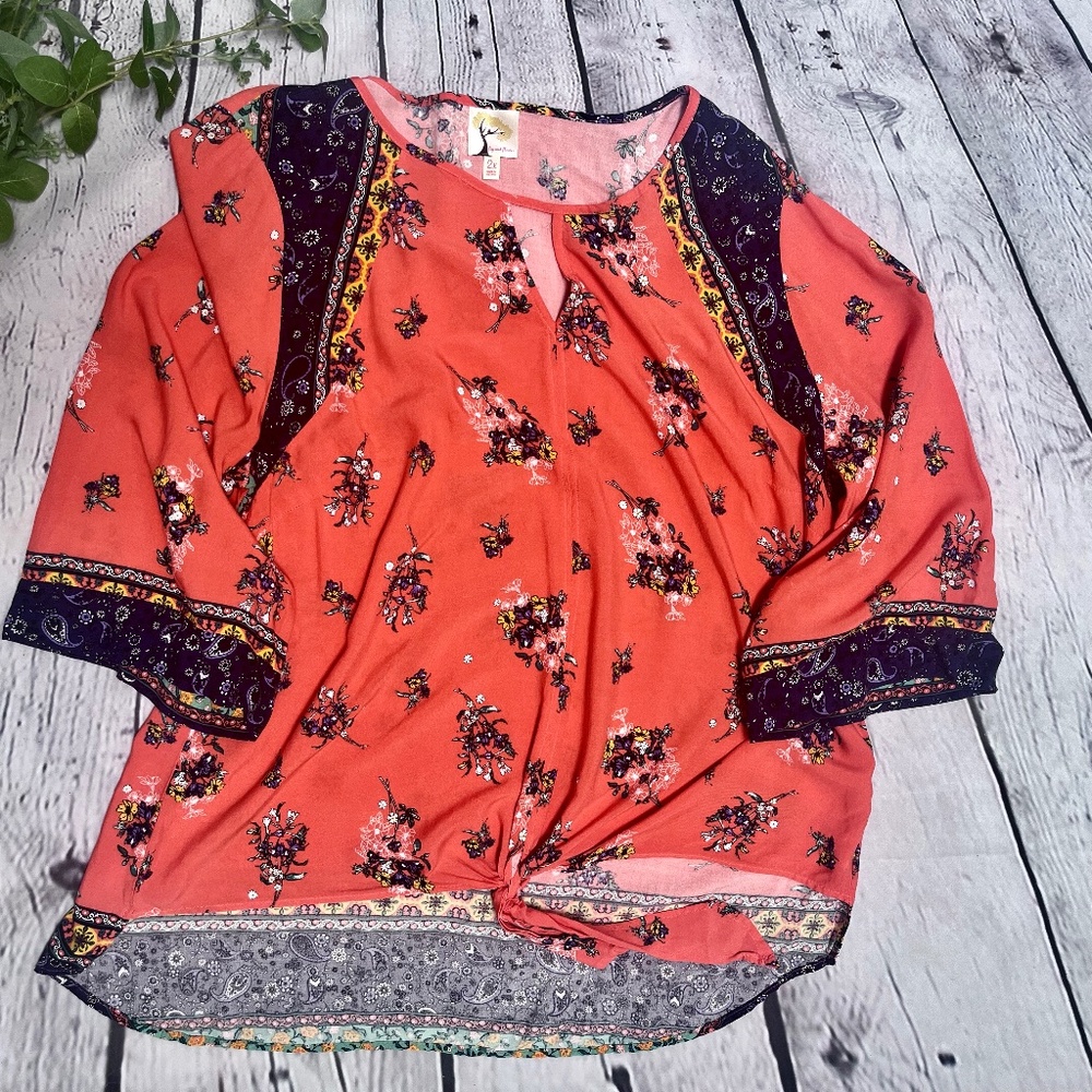 Fig and Flower Women's Top 3/4 sleeve Boho Flowy Plus Size